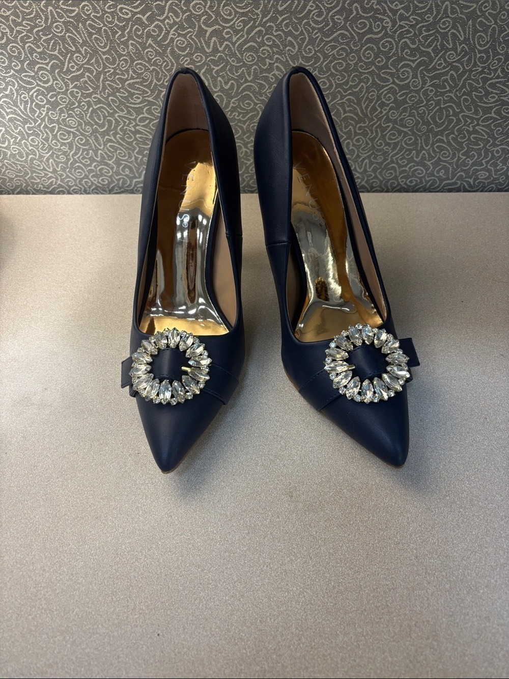 VENUS Navy Pointed Toe Stiletto Pumps with Crystal Brooch - Size 7.5